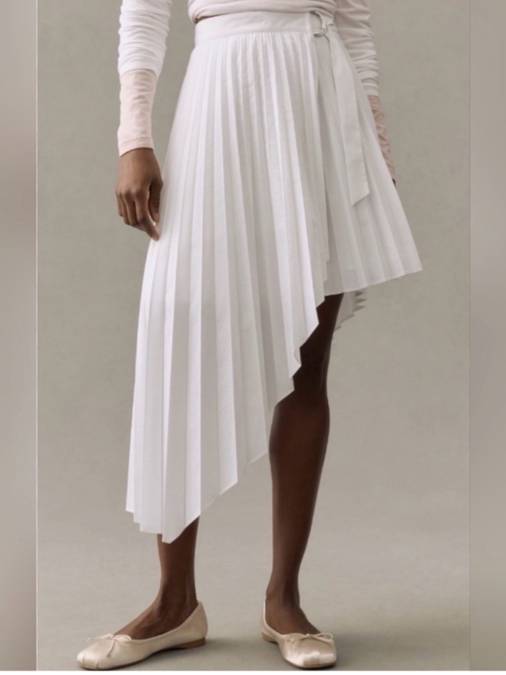 Maeve Asymmetrical White Pleated Wrap Skirt
